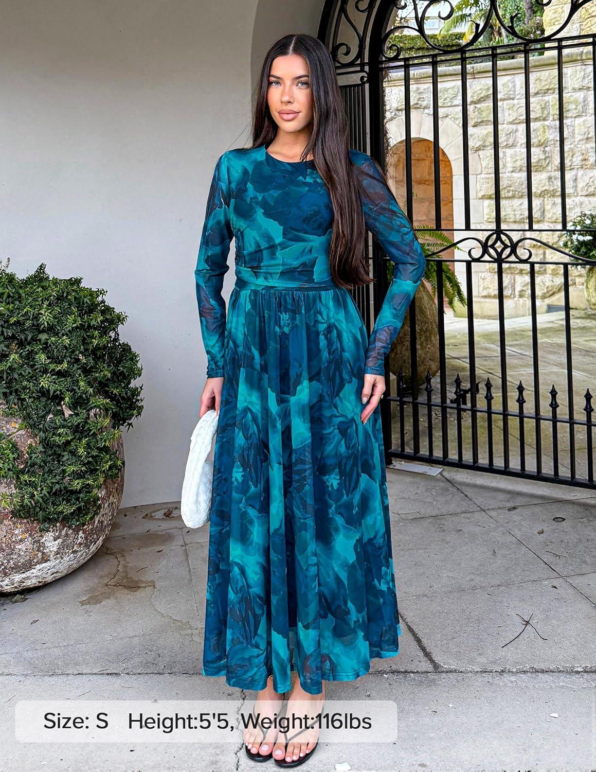 imageZESICA Womens Maxi Dress 2026 Spring Long Sleeve Crewneck Floral Print Mesh Ruched Party Wedding Guest DressesBlue