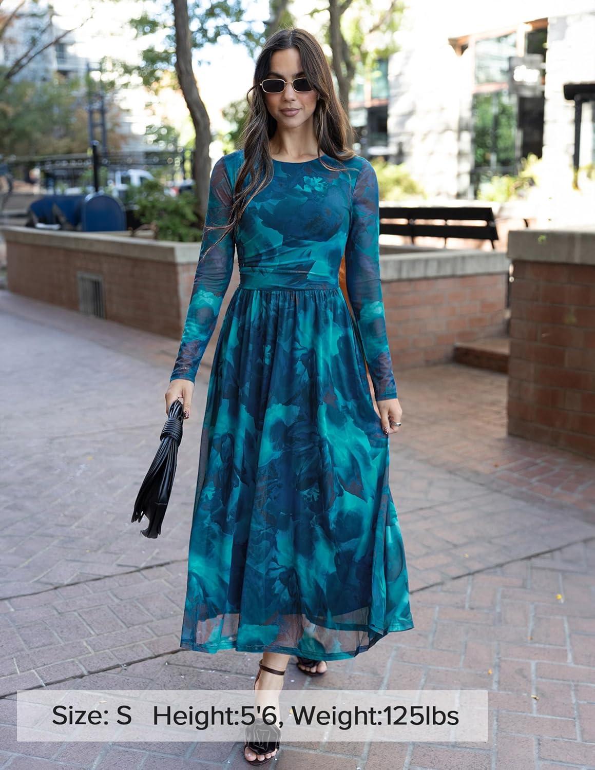 imageZESICA Womens Maxi Dress 2026 Spring Long Sleeve Crewneck Floral Print Mesh Ruched Party Wedding Guest DressesBlue