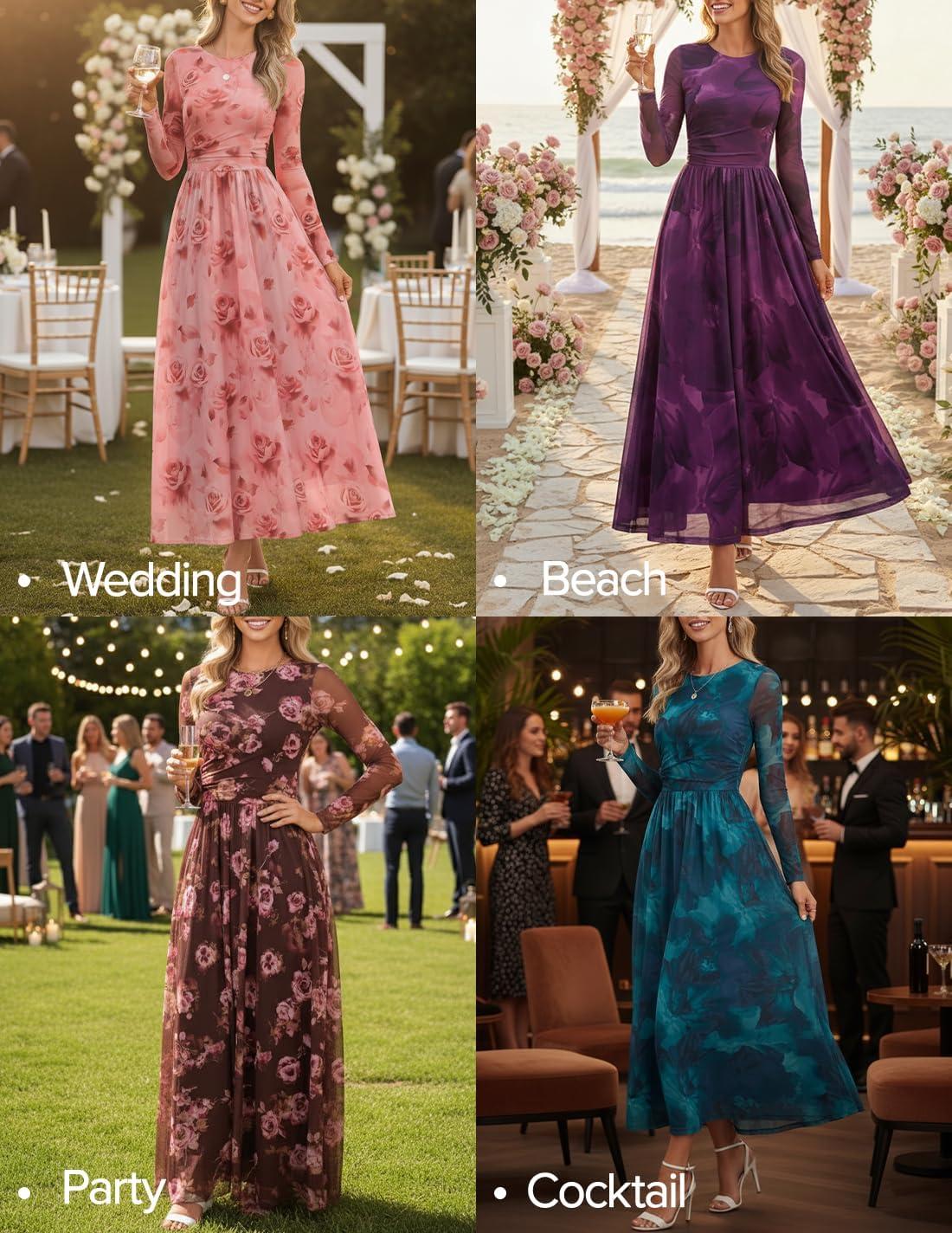 imageZESICA Womens Maxi Dress 2026 Spring Long Sleeve Crewneck Floral Print Mesh Ruched Party Wedding Guest DressesGreen