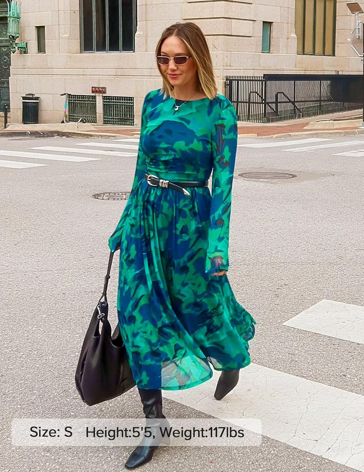 imageZESICA Womens Maxi Dress 2026 Spring Long Sleeve Crewneck Floral Print Mesh Ruched Party Wedding Guest DressesGreen