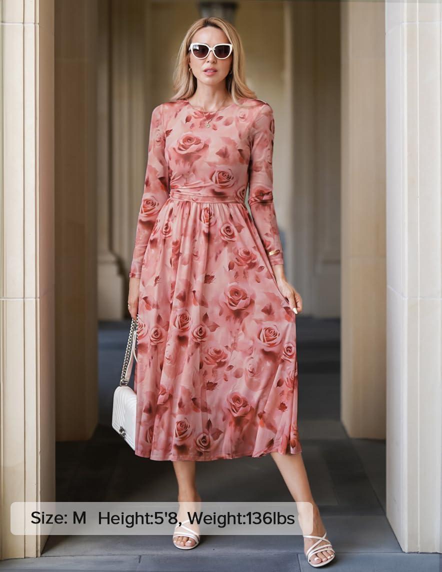 imageZESICA Womens Maxi Dress 2026 Spring Long Sleeve Crewneck Floral Print Mesh Ruched Party Wedding Guest DressesPink