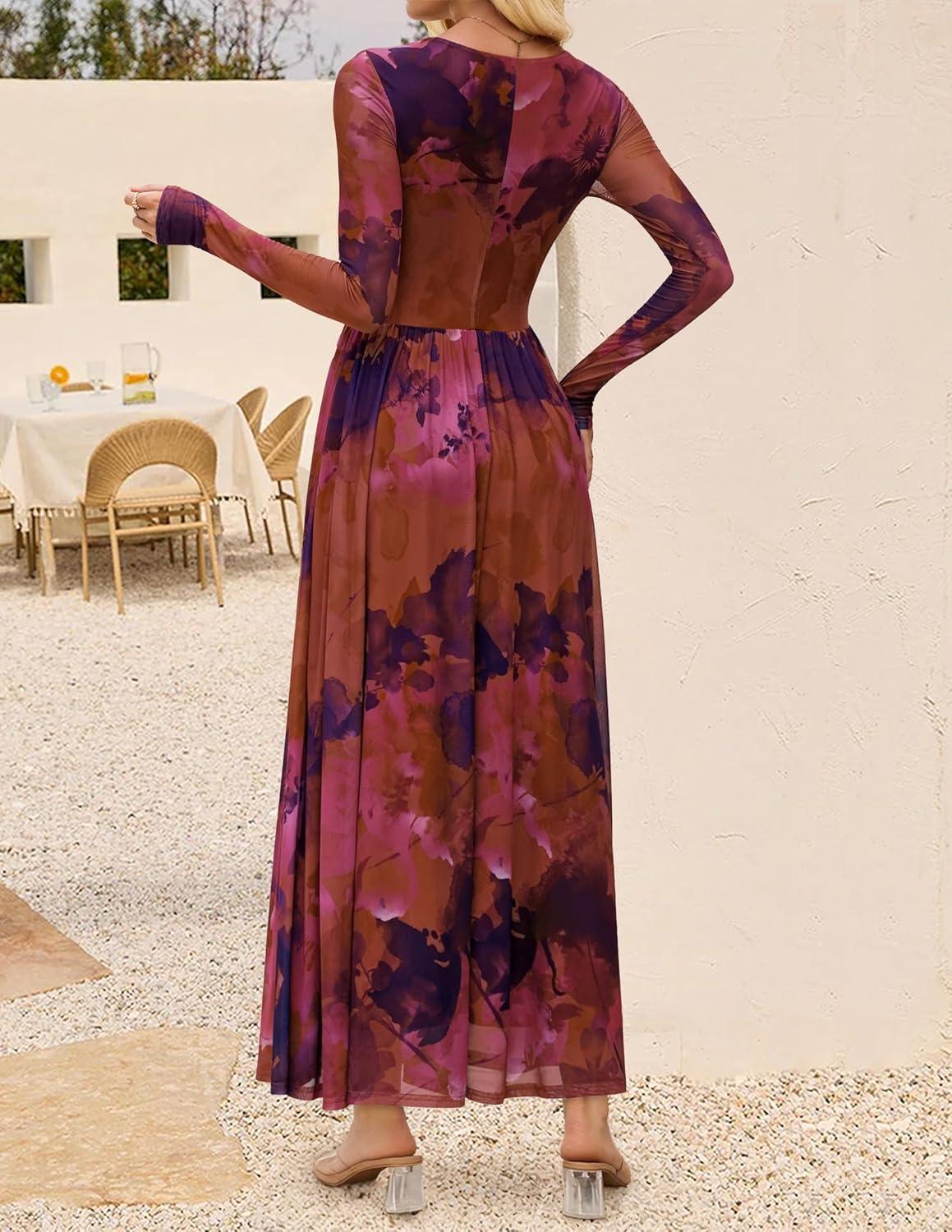 imageZESICA Womens Maxi Dress 2026 Spring Long Sleeve Crewneck Floral Print Mesh Ruched Party Wedding Guest DressesPinkpurple
