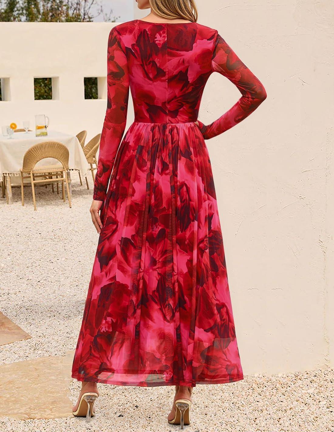 imageZESICA Womens Maxi Dress 2026 Spring Long Sleeve Crewneck Floral Print Mesh Ruched Party Wedding Guest DressesRed