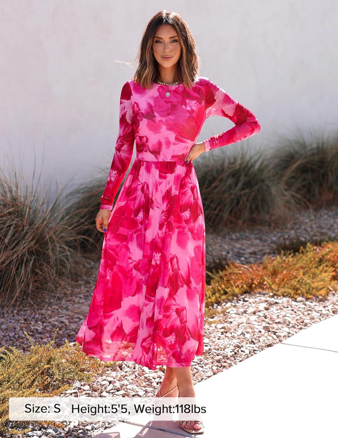 imageZESICA Womens Maxi Dress 2026 Spring Long Sleeve Crewneck Floral Print Mesh Ruched Party Wedding Guest DressesRose