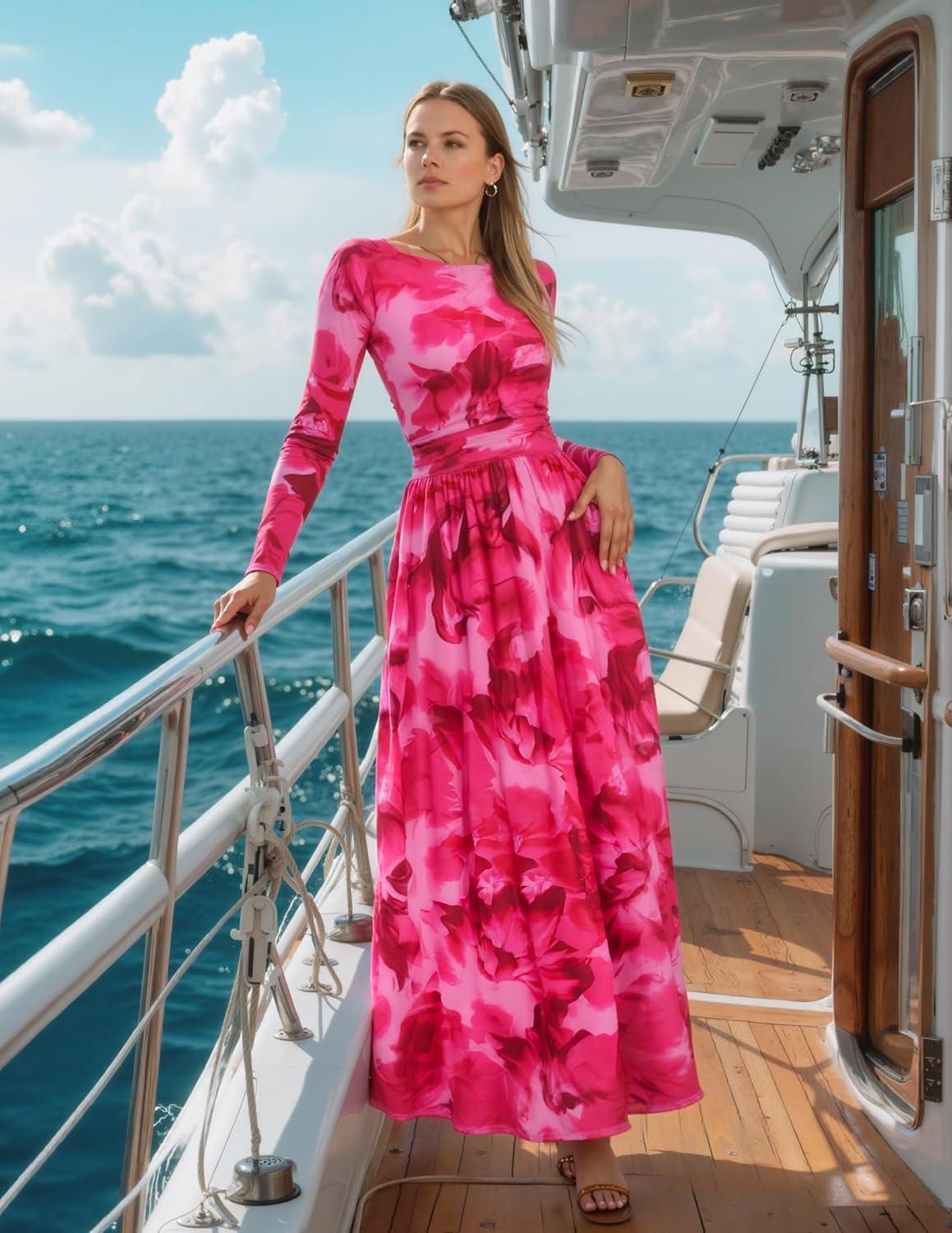 imageZESICA Womens Maxi Dress 2026 Spring Long Sleeve Crewneck Floral Print Mesh Ruched Party Wedding Guest DressesRose