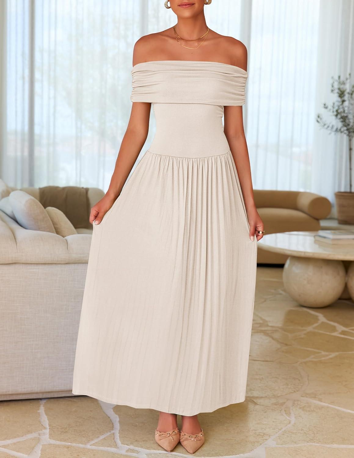 imageZESICA Womens Off The Shoulder Maxi Dress 2026 Summer Sleeveless Casual Slim Swing Pleated Formal Party DressesApricot