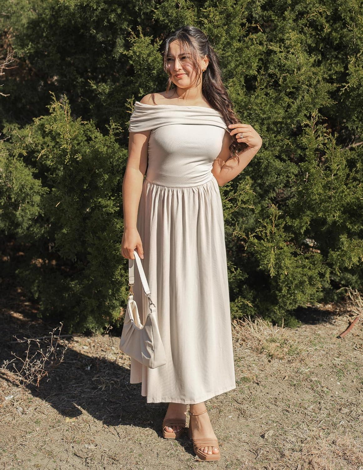 imageZESICA Womens Off The Shoulder Maxi Dress 2026 Summer Sleeveless Casual Slim Swing Pleated Formal Party DressesApricot