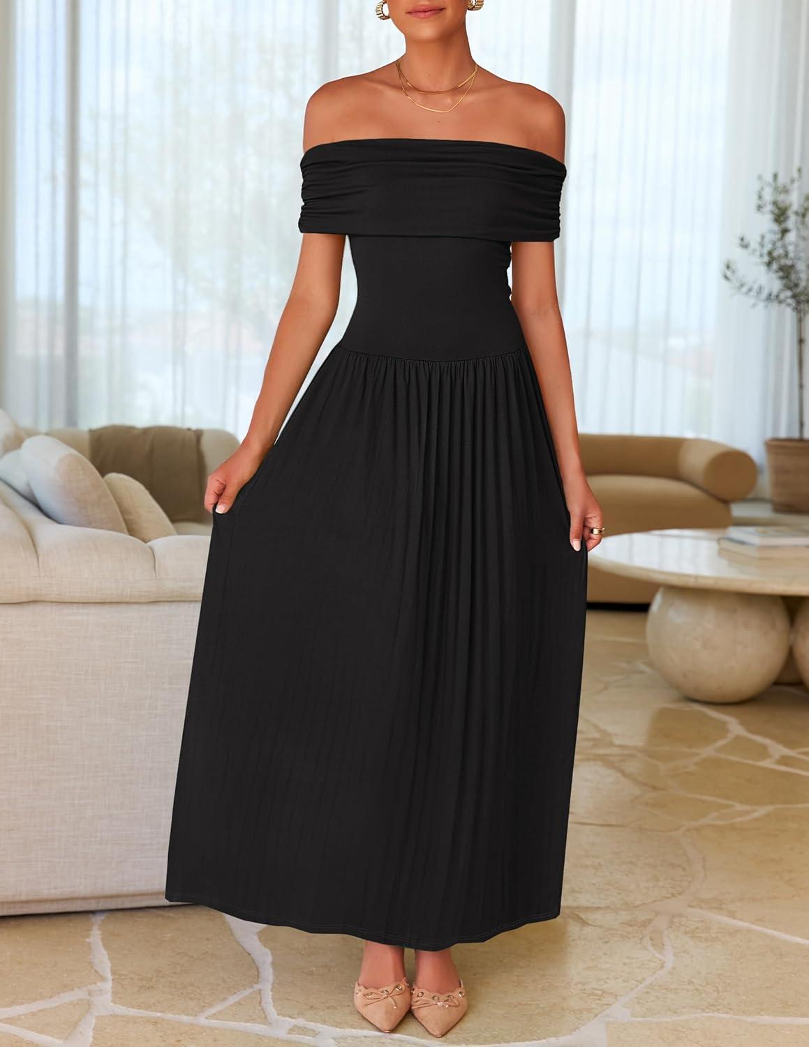 imageZESICA Womens Off The Shoulder Maxi Dress 2026 Summer Sleeveless Casual Slim Swing Pleated Formal Party DressesBlack