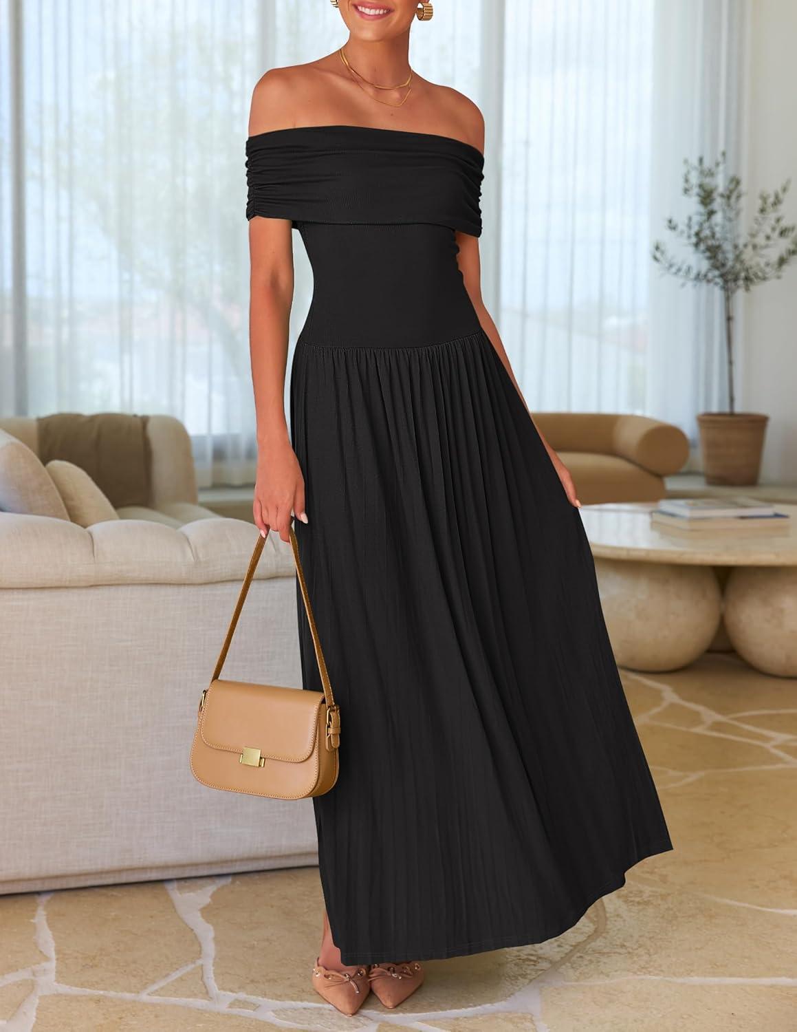 imageZESICA Womens Off The Shoulder Maxi Dress 2026 Summer Sleeveless Casual Slim Swing Pleated Formal Party DressesBlack