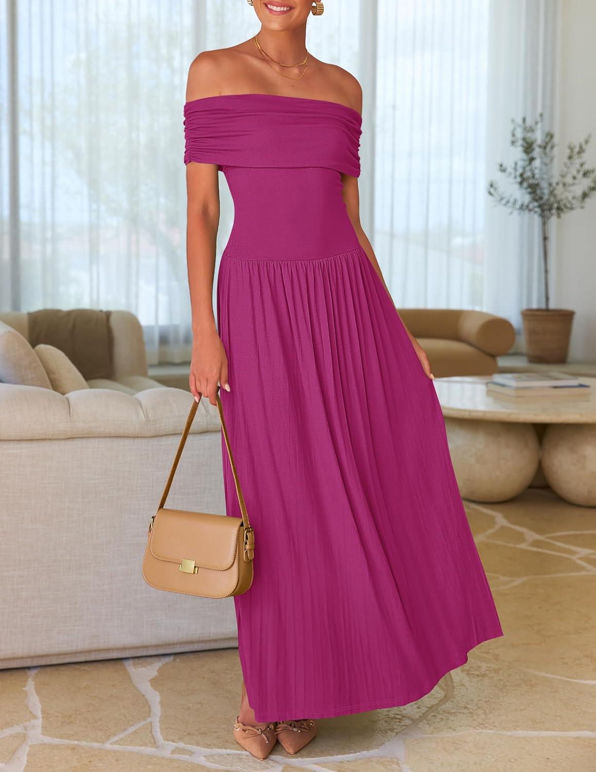 imageZESICA Womens Off The Shoulder Maxi Dress 2026 Summer Sleeveless Casual Slim Swing Pleated Formal Party DressesDragon Fruit