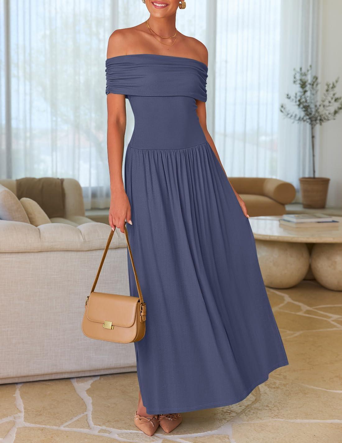 imageZESICA Womens Off The Shoulder Maxi Dress 2026 Summer Sleeveless Casual Slim Swing Pleated Formal Party DressesDusty Blue
