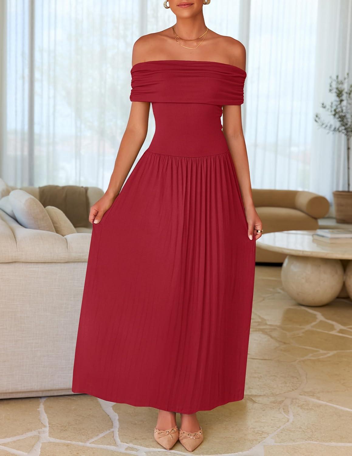 imageZESICA Womens Off The Shoulder Maxi Dress 2026 Summer Sleeveless Casual Slim Swing Pleated Formal Party DressesRed