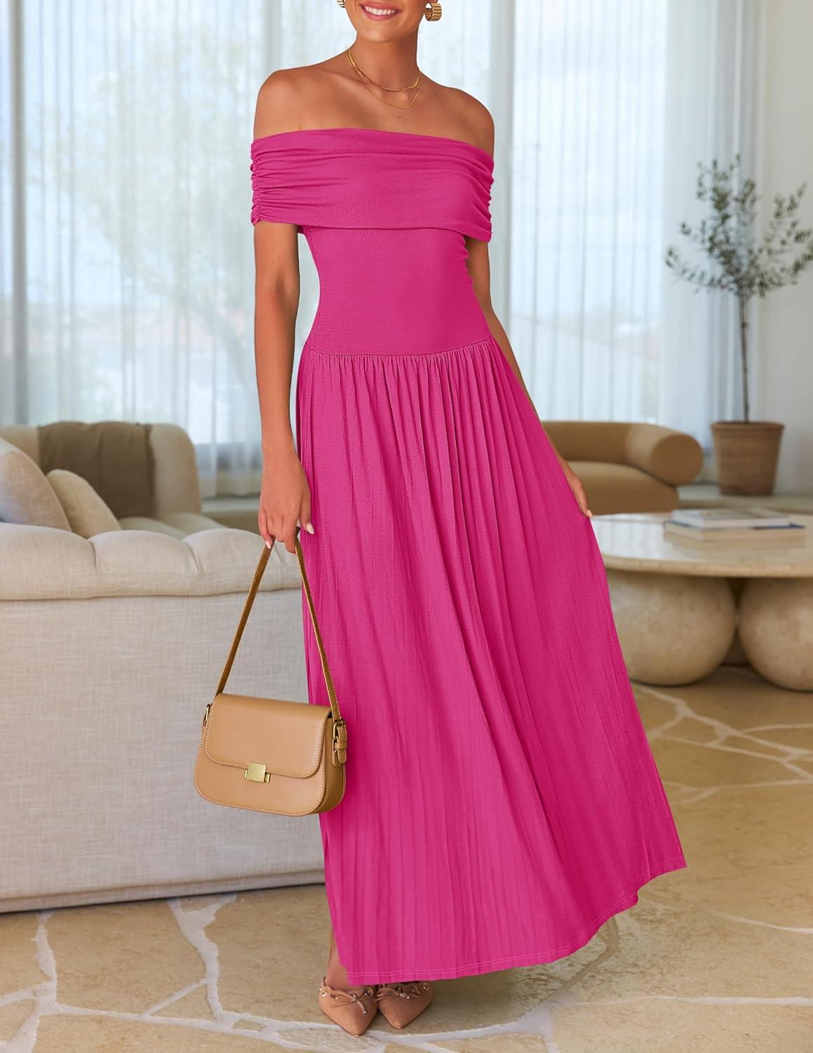 imageZESICA Womens Off The Shoulder Maxi Dress 2026 Summer Sleeveless Casual Slim Swing Pleated Formal Party DressesRose