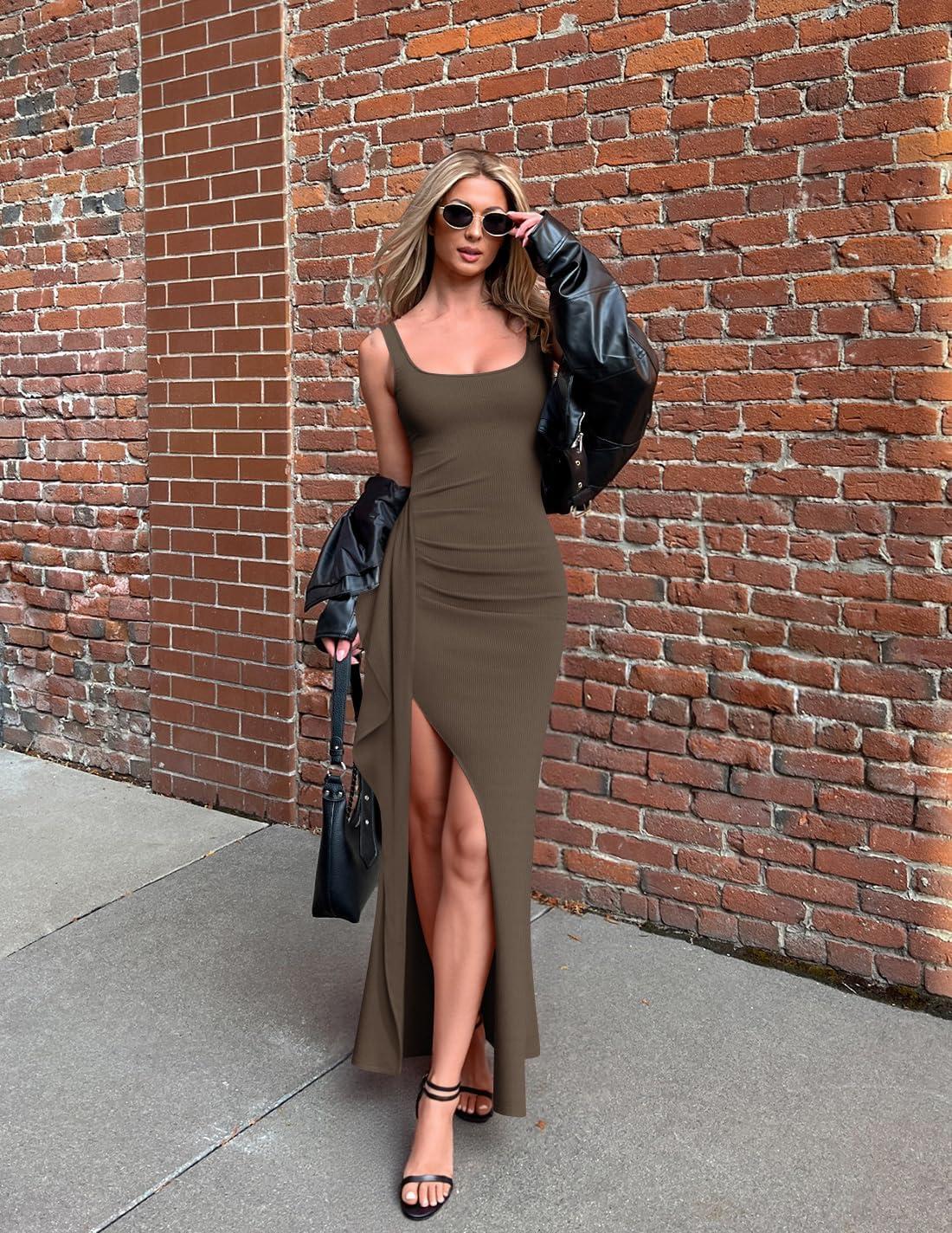 imageZESICA Womens Sleeveless Formal Maxi Dresses 2026 Summer Ribbed Square Neck High Split Party Bodycon Long DressBrown
