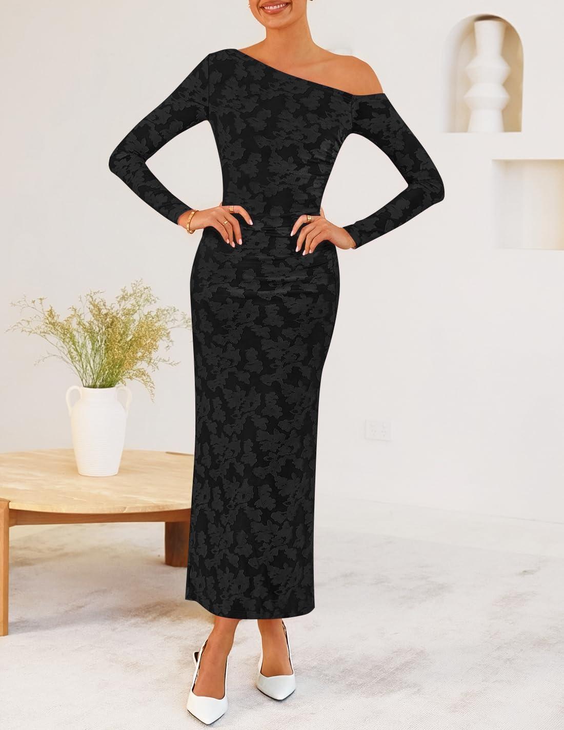 imageZESICA Womens Spring Floral Off Shoulder Bodycon Maxi Dresses 2026 Long Sleeve Ruched Elegant Cocktail Party DressBlack