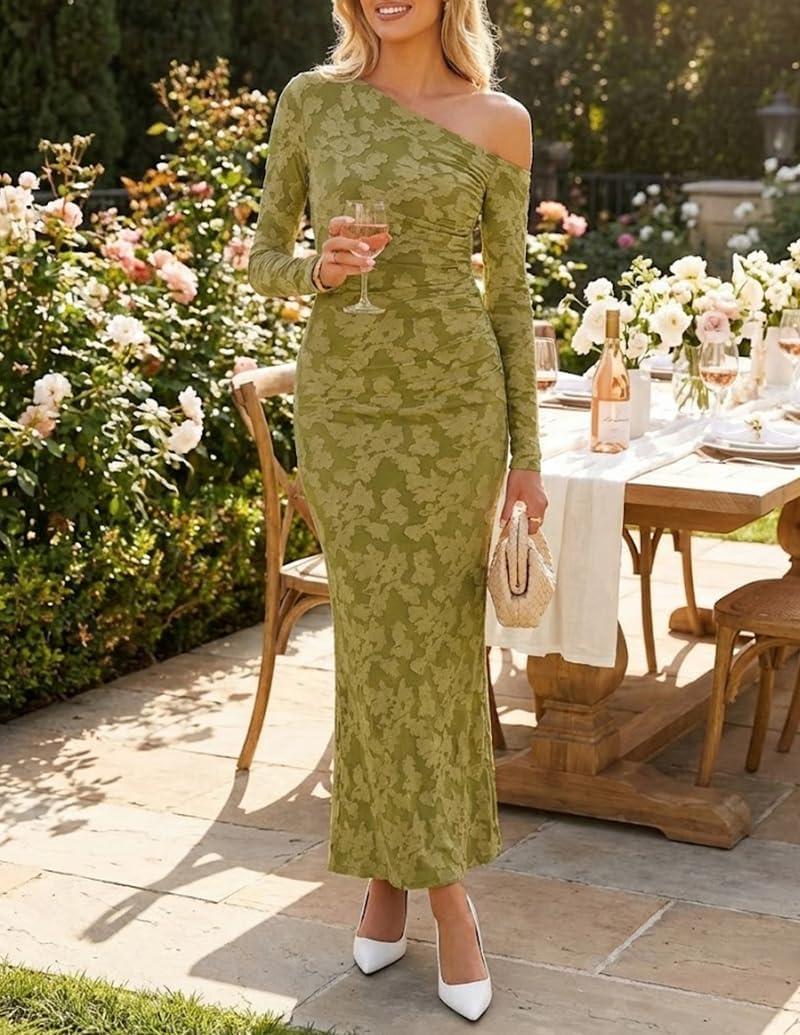 imageZESICA Womens Spring Floral Off Shoulder Bodycon Maxi Dresses 2026 Long Sleeve Ruched Elegant Cocktail Party DressGreen