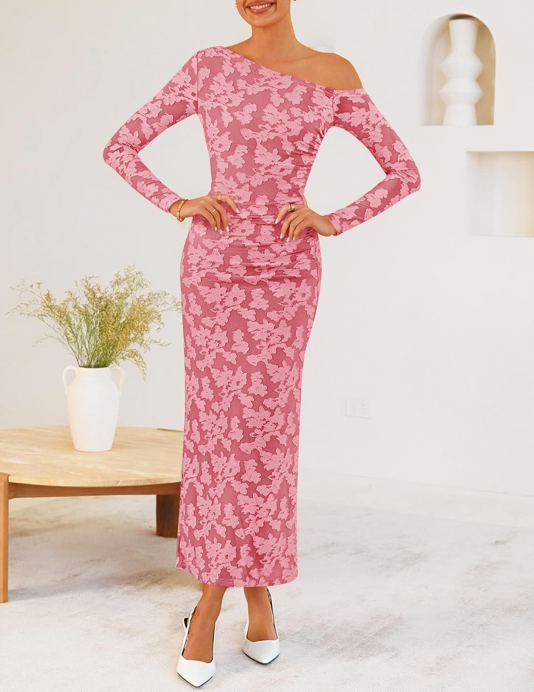imageZESICA Womens Spring Floral Off Shoulder Bodycon Maxi Dresses 2026 Long Sleeve Ruched Elegant Cocktail Party DressPink