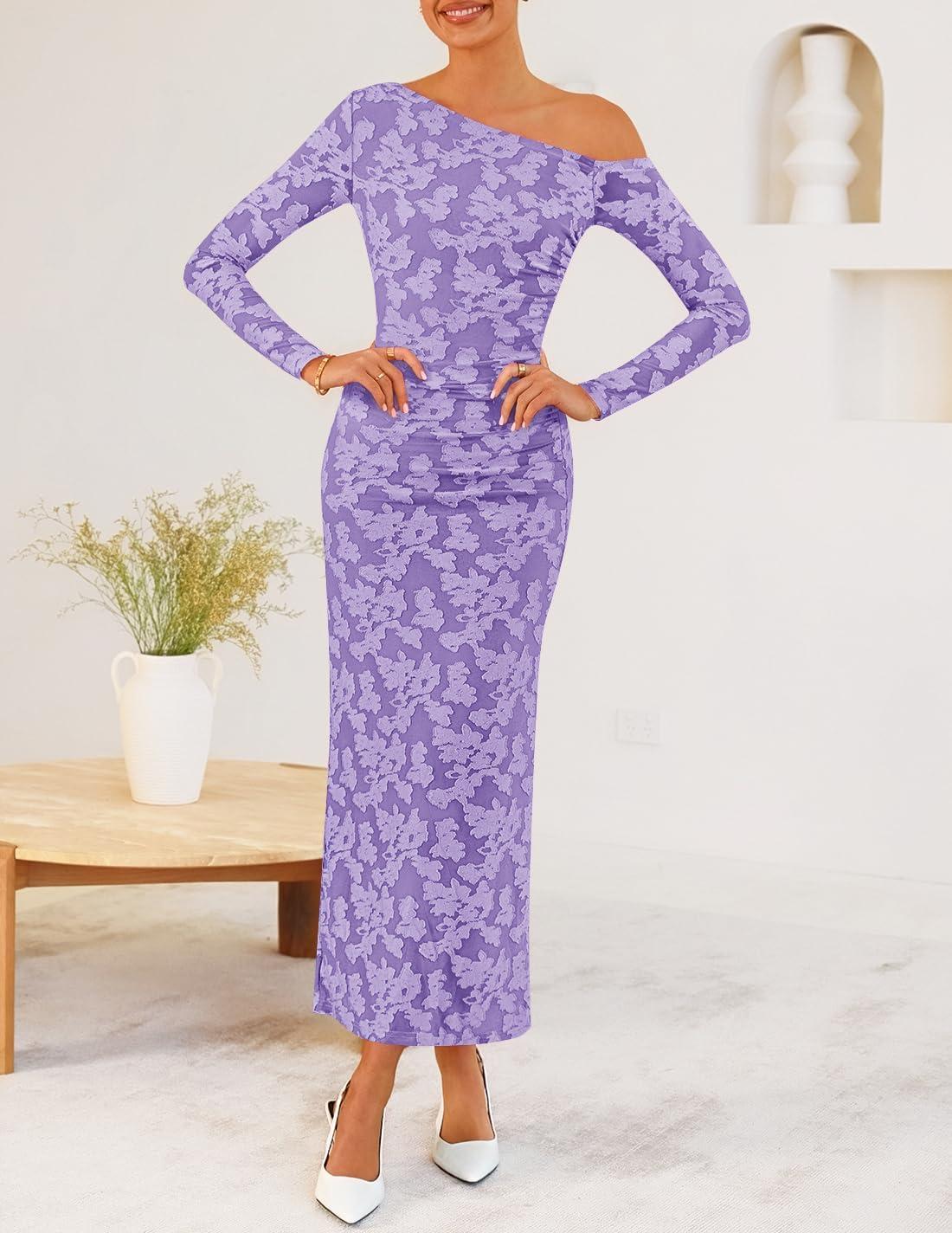 imageZESICA Womens Spring Floral Off Shoulder Bodycon Maxi Dresses 2026 Long Sleeve Ruched Elegant Cocktail Party DressPurple