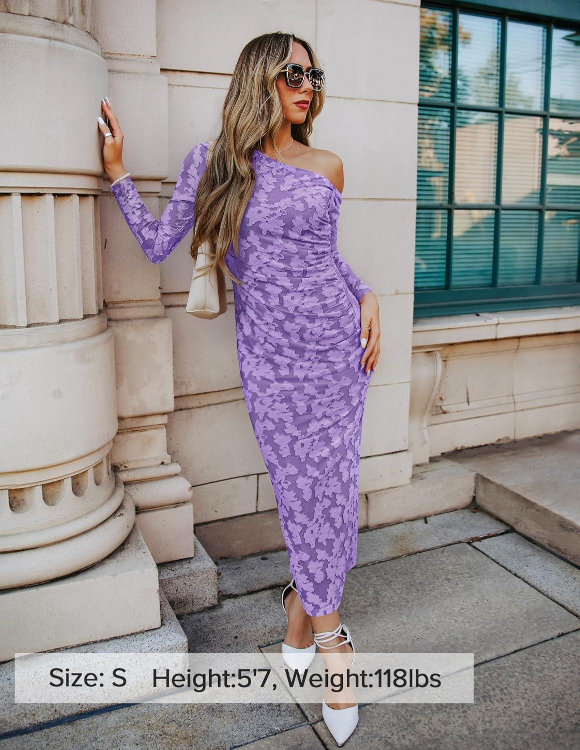 imageZESICA Womens Spring Floral Off Shoulder Bodycon Maxi Dresses 2026 Long Sleeve Ruched Elegant Cocktail Party DressPurple