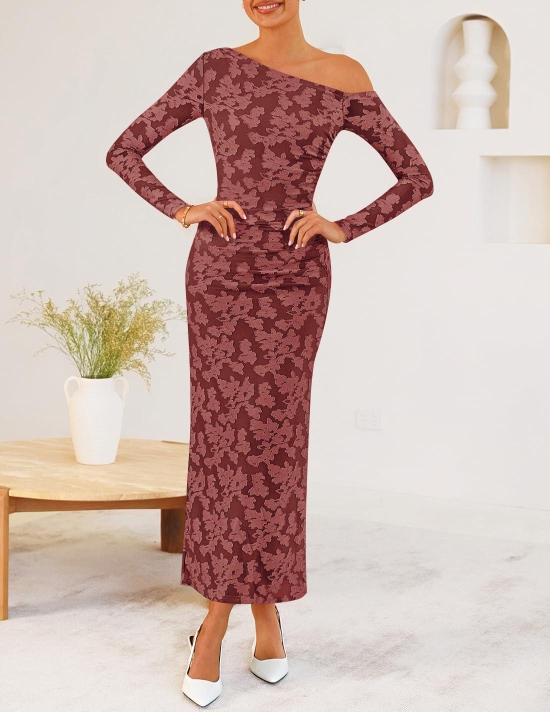 imageZESICA Womens Spring Floral Off Shoulder Bodycon Maxi Dresses 2026 Long Sleeve Ruched Elegant Cocktail Party DressWinered