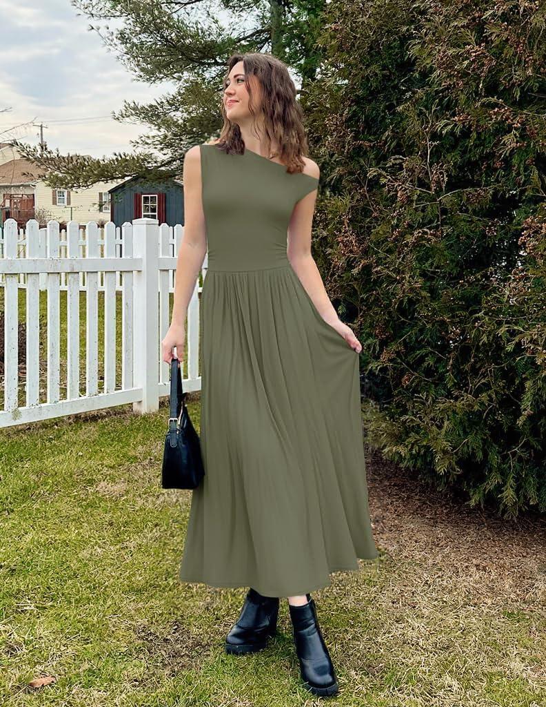 imageZESICA Womens Summer 2026 Sleeveless Maxi Dress One Shoulder Casual Slim Swing Pleated Formal Dresses with PocketsArmygreen