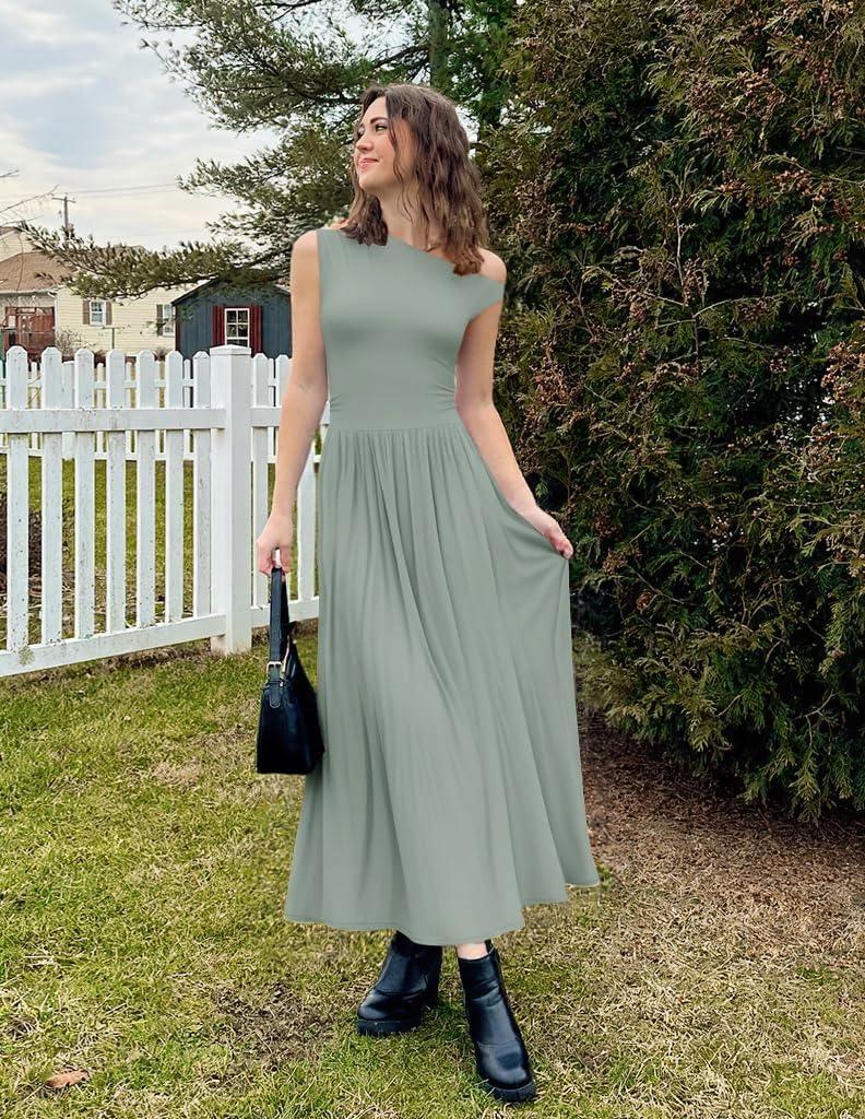 imageZESICA Womens Summer 2026 Sleeveless Maxi Dress One Shoulder Casual Slim Swing Pleated Formal Dresses with PocketsBeangreen