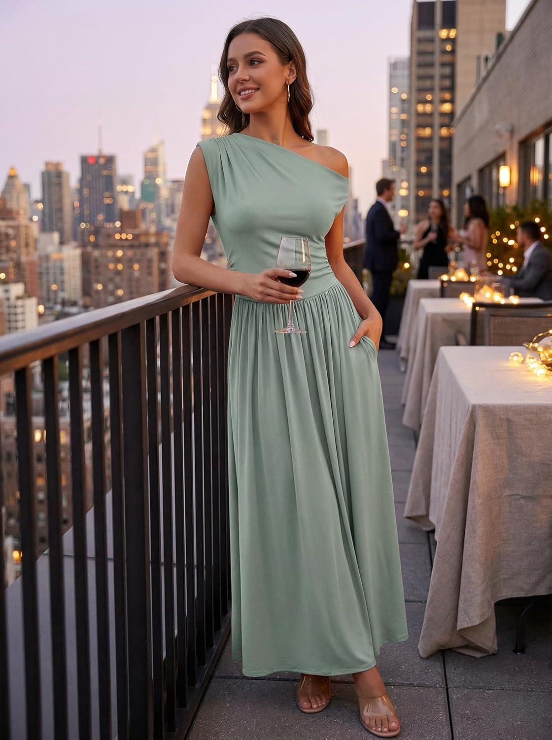 imageZESICA Womens Summer 2026 Sleeveless Maxi Dress One Shoulder Casual Slim Swing Pleated Formal Dresses with PocketsBeangreen