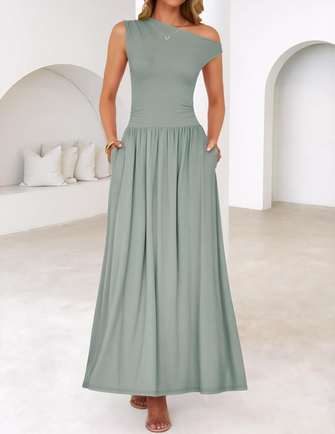 imageZESICA Womens Summer 2026 Sleeveless Maxi Dress One Shoulder Casual Slim Swing Pleated Formal Dresses with PocketsBeangreen