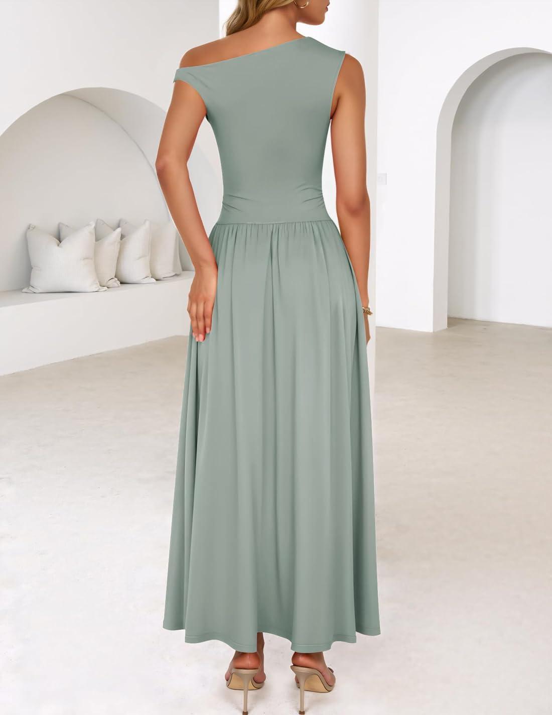 imageZESICA Womens Summer 2026 Sleeveless Maxi Dress One Shoulder Casual Slim Swing Pleated Formal Dresses with PocketsBeangreen