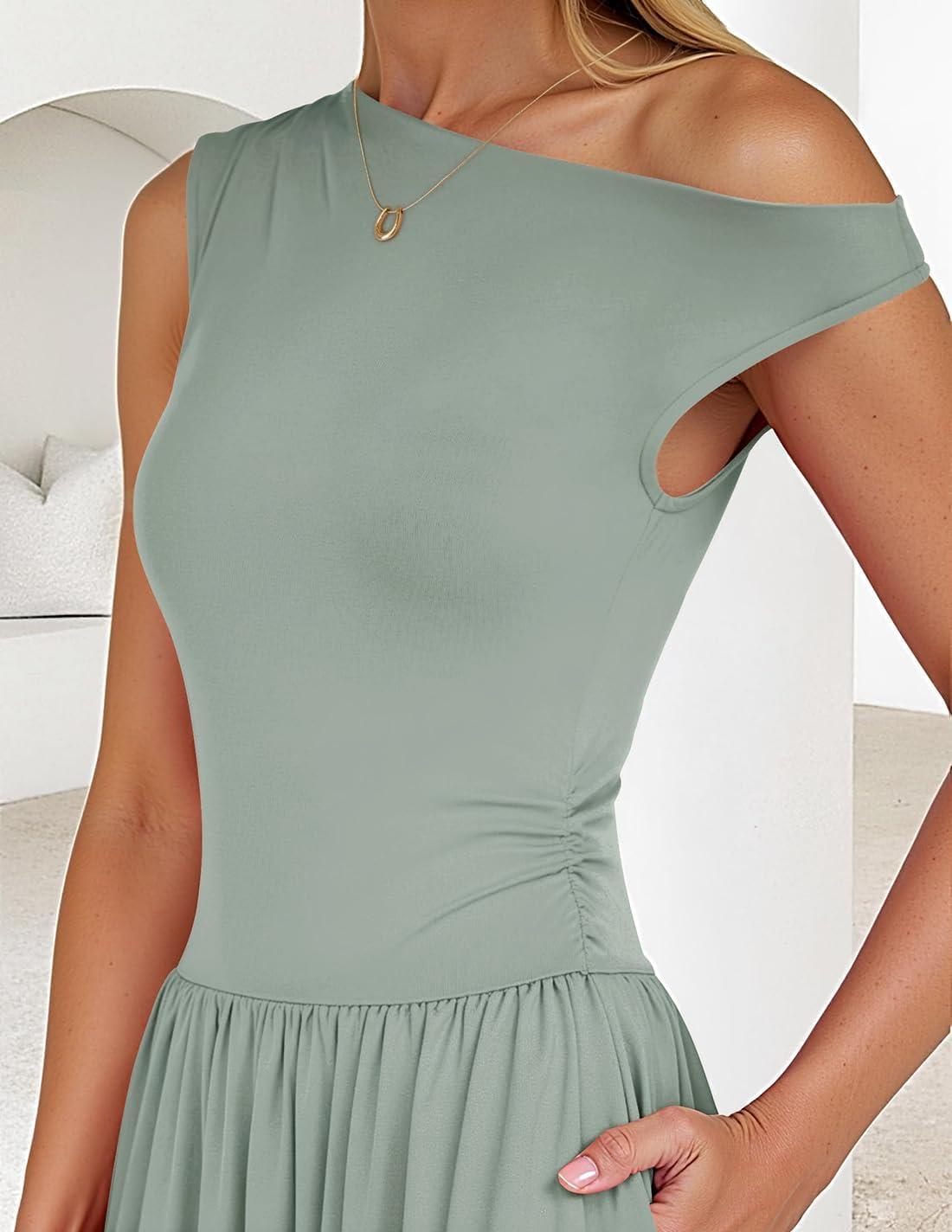 imageZESICA Womens Summer 2026 Sleeveless Maxi Dress One Shoulder Casual Slim Swing Pleated Formal Dresses with PocketsBeangreen