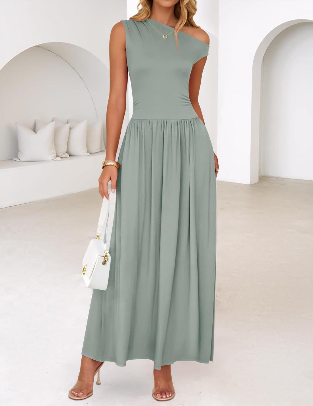 imageZESICA Womens Summer 2026 Sleeveless Maxi Dress One Shoulder Casual Slim Swing Pleated Formal Dresses with PocketsBeangreen