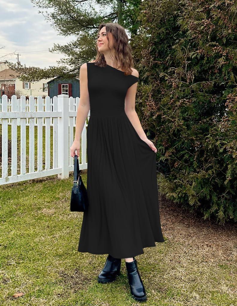 imageZESICA Womens Summer 2026 Sleeveless Maxi Dress One Shoulder Casual Slim Swing Pleated Formal Dresses with PocketsBlack