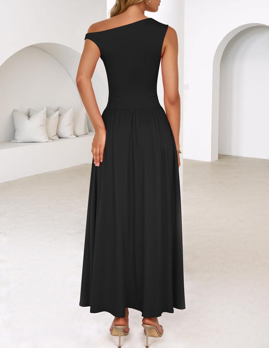 imageZESICA Womens Summer 2026 Sleeveless Maxi Dress One Shoulder Casual Slim Swing Pleated Formal Dresses with PocketsBlack