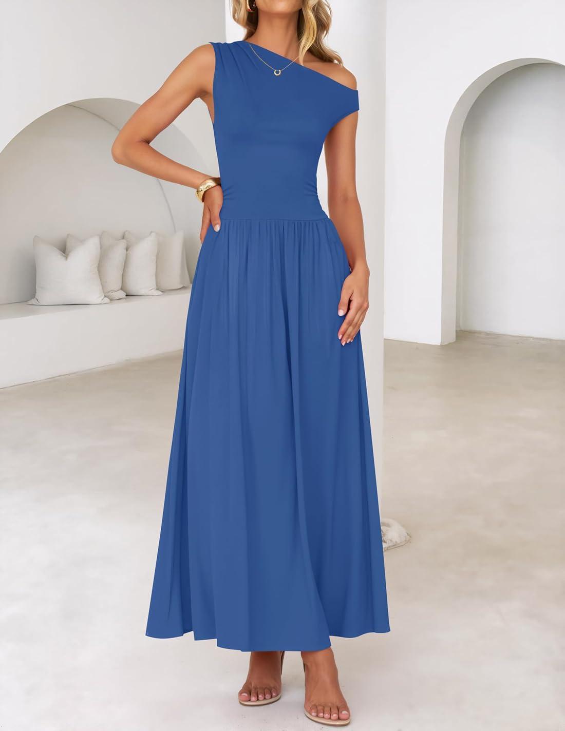 imageZESICA Womens Summer 2026 Sleeveless Maxi Dress One Shoulder Casual Slim Swing Pleated Formal Dresses with PocketsBlue