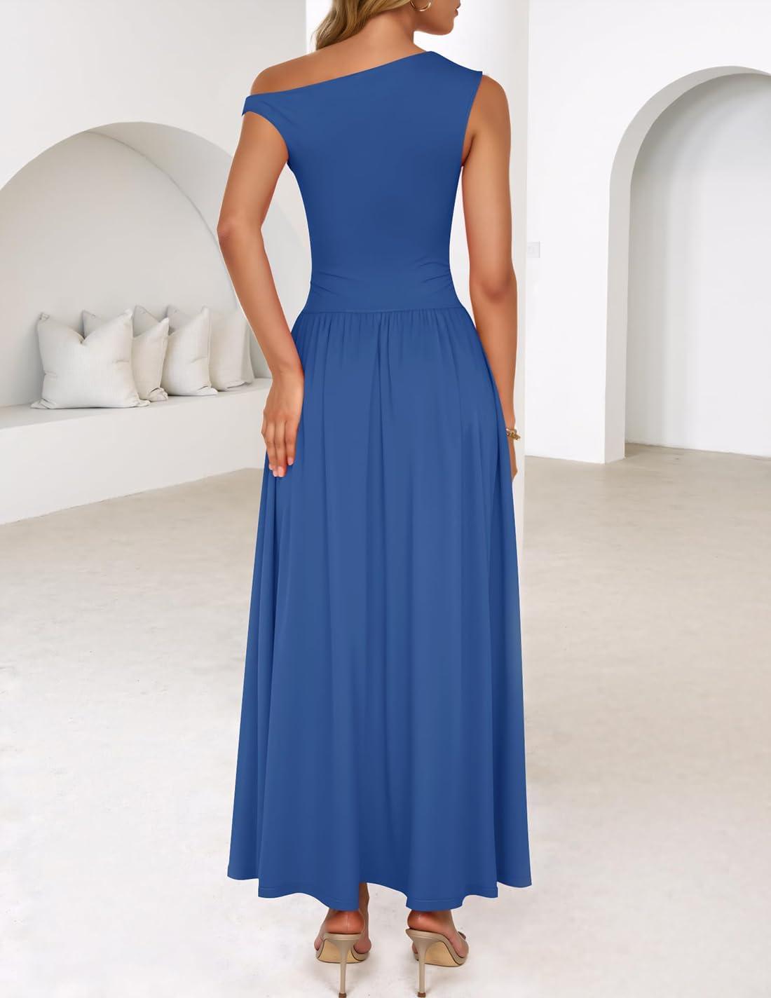 imageZESICA Womens Summer 2026 Sleeveless Maxi Dress One Shoulder Casual Slim Swing Pleated Formal Dresses with PocketsBlue