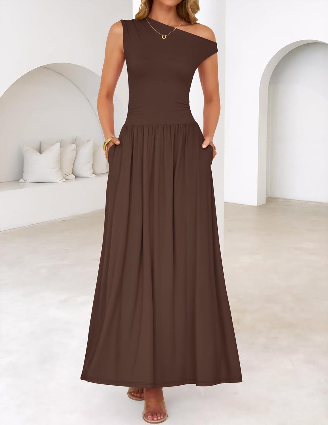 imageZESICA Womens Summer 2026 Sleeveless Maxi Dress One Shoulder Casual Slim Swing Pleated Formal Dresses with PocketsBrown