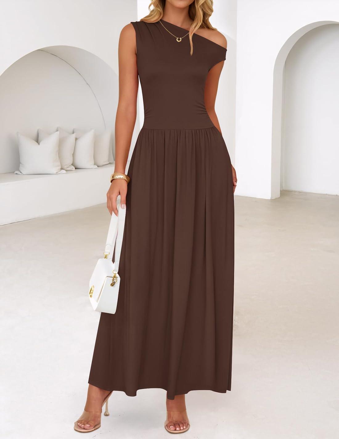 imageZESICA Womens Summer 2026 Sleeveless Maxi Dress One Shoulder Casual Slim Swing Pleated Formal Dresses with PocketsBrown