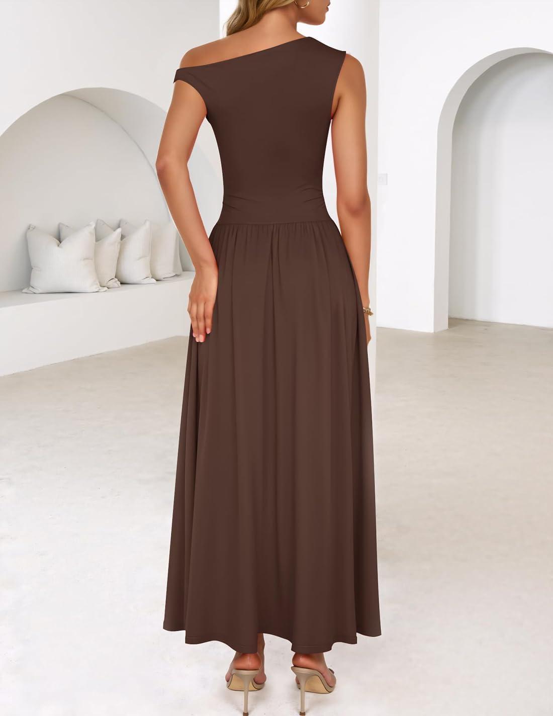 imageZESICA Womens Summer 2026 Sleeveless Maxi Dress One Shoulder Casual Slim Swing Pleated Formal Dresses with PocketsBrown