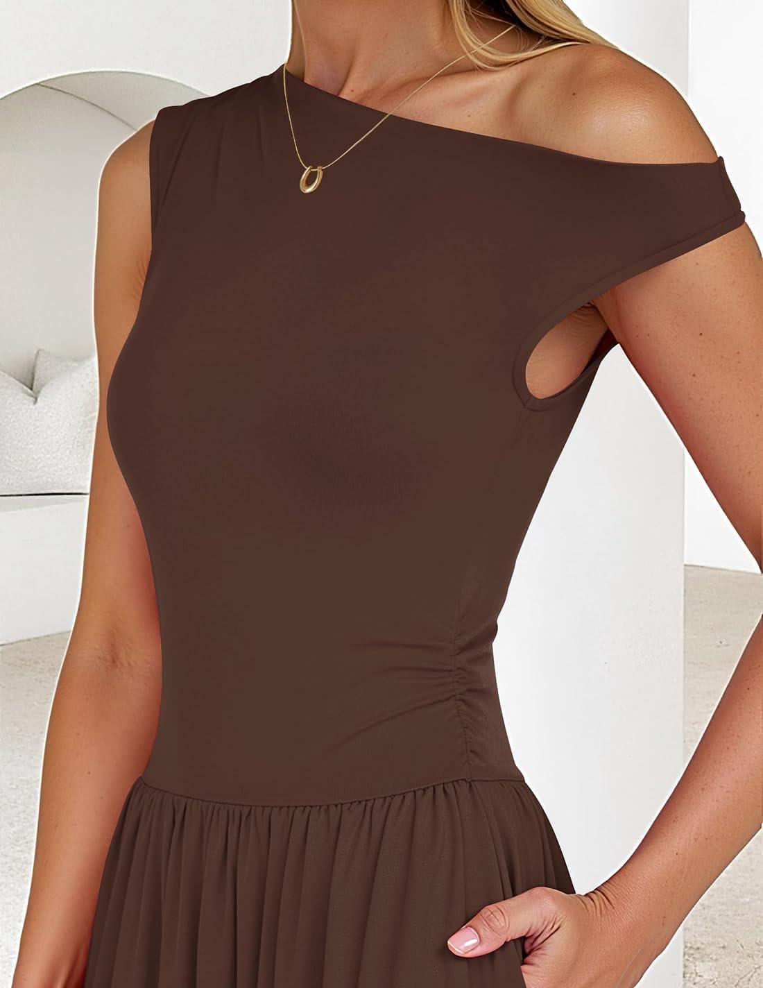 imageZESICA Womens Summer 2026 Sleeveless Maxi Dress One Shoulder Casual Slim Swing Pleated Formal Dresses with PocketsBrown
