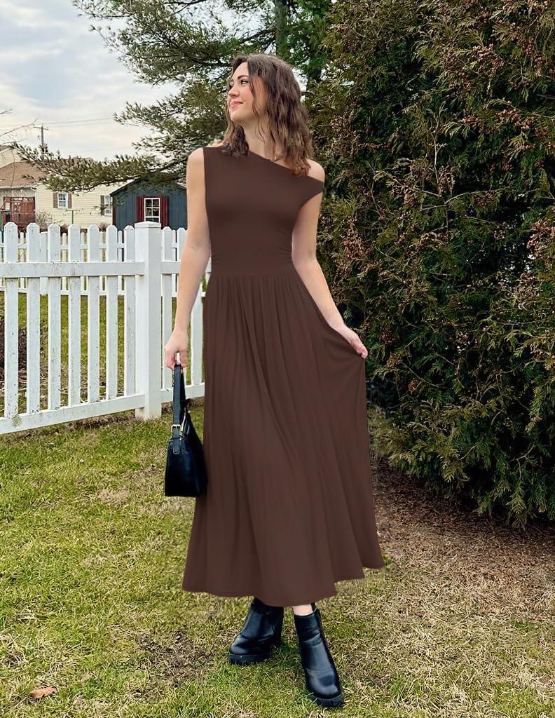 imageZESICA Womens Summer 2026 Sleeveless Maxi Dress One Shoulder Casual Slim Swing Pleated Formal Dresses with PocketsBrown