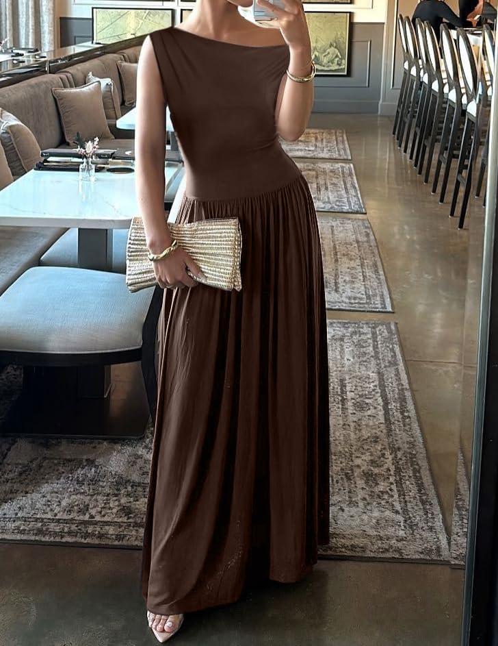 imageZESICA Womens Summer 2026 Sleeveless Maxi Dress One Shoulder Casual Slim Swing Pleated Formal Dresses with PocketsBrown
