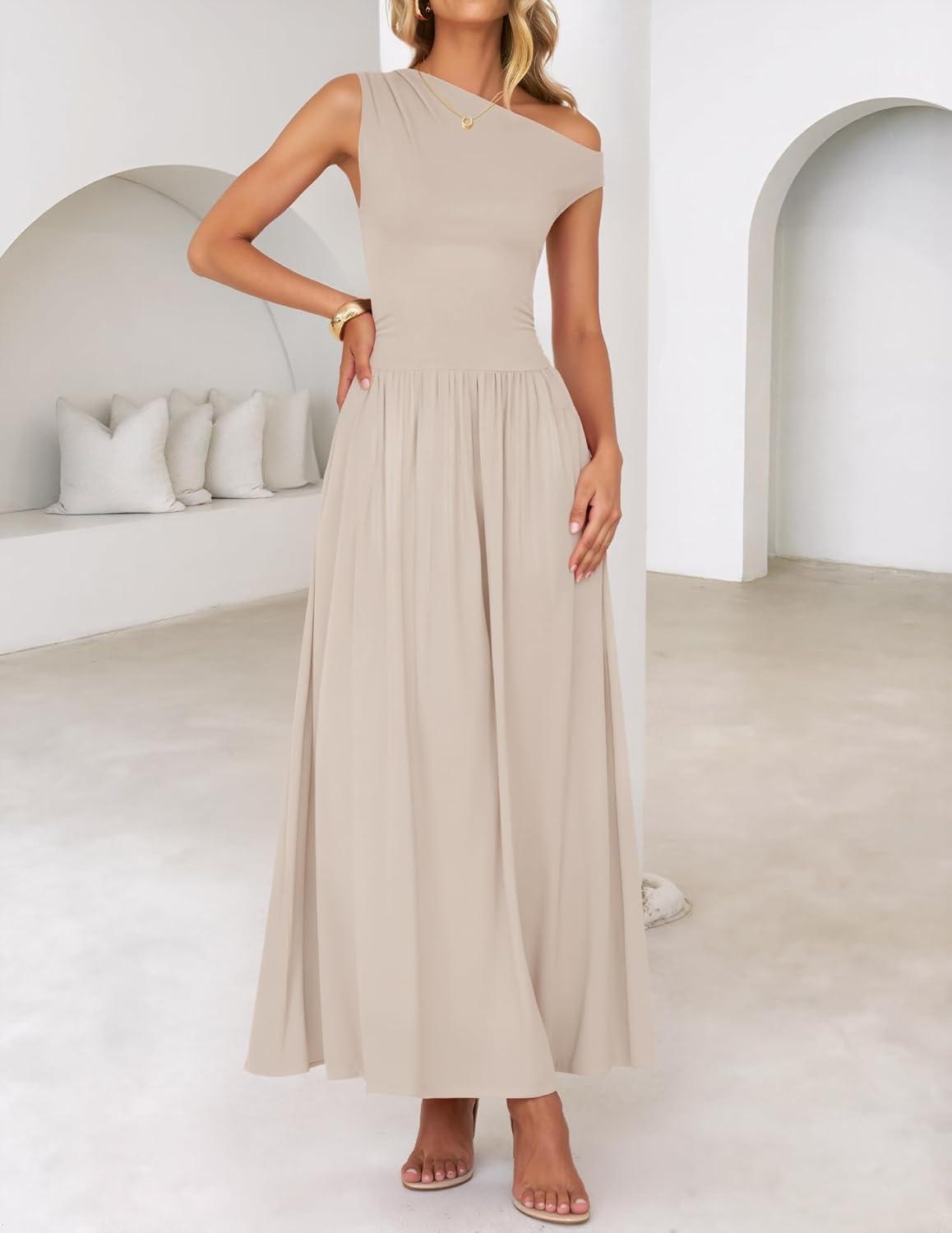 imageZESICA Womens Summer 2026 Sleeveless Maxi Dress One Shoulder Casual Slim Swing Pleated Formal Dresses with PocketsLightapricot