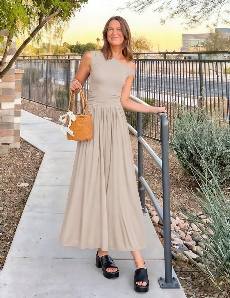 imageZESICA Womens Summer 2026 Sleeveless Maxi Dress One Shoulder Casual Slim Swing Pleated Formal Dresses with PocketsLightapricot