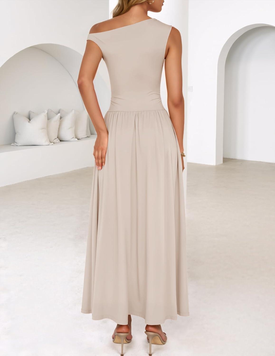imageZESICA Womens Summer 2026 Sleeveless Maxi Dress One Shoulder Casual Slim Swing Pleated Formal Dresses with PocketsLightapricot