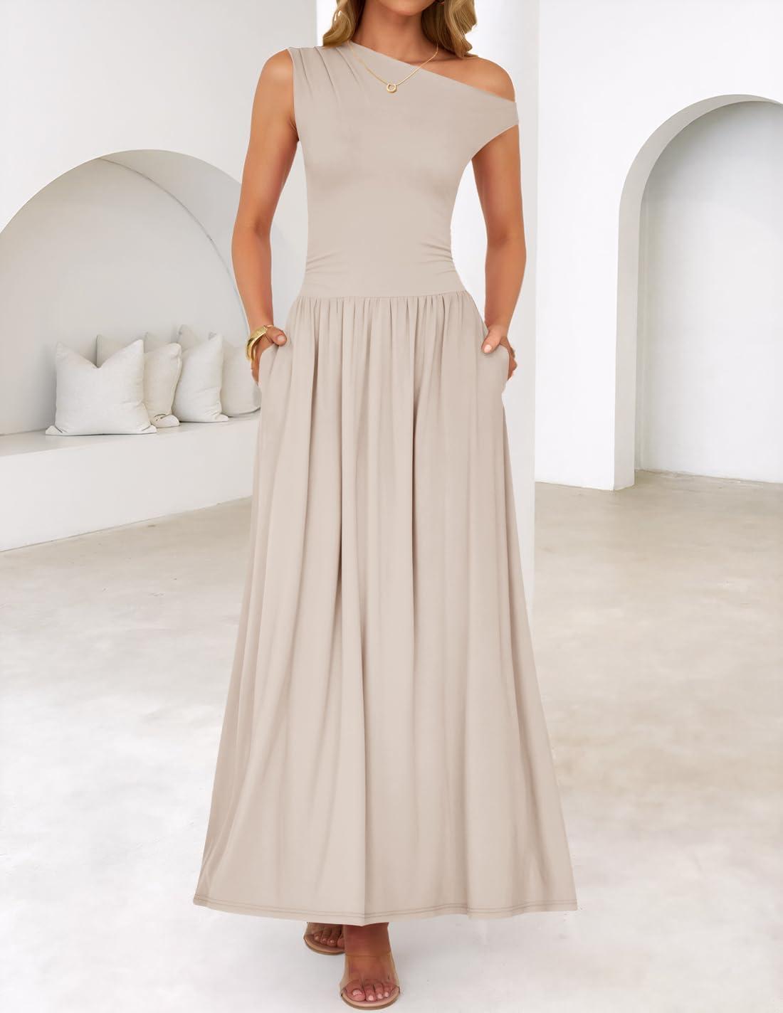 imageZESICA Womens Summer 2026 Sleeveless Maxi Dress One Shoulder Casual Slim Swing Pleated Formal Dresses with PocketsLightapricot