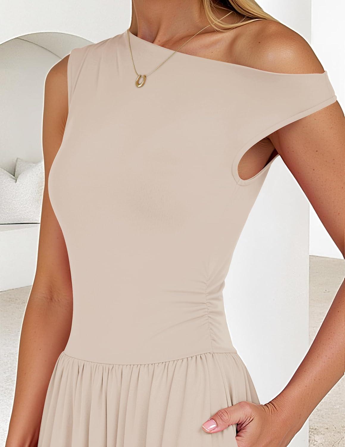 imageZESICA Womens Summer 2026 Sleeveless Maxi Dress One Shoulder Casual Slim Swing Pleated Formal Dresses with PocketsLightapricot