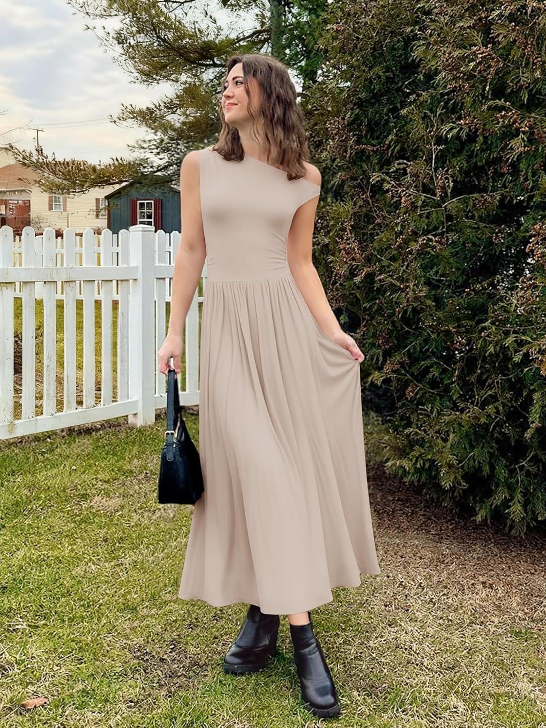imageZESICA Womens Summer 2026 Sleeveless Maxi Dress One Shoulder Casual Slim Swing Pleated Formal Dresses with PocketsLightapricot