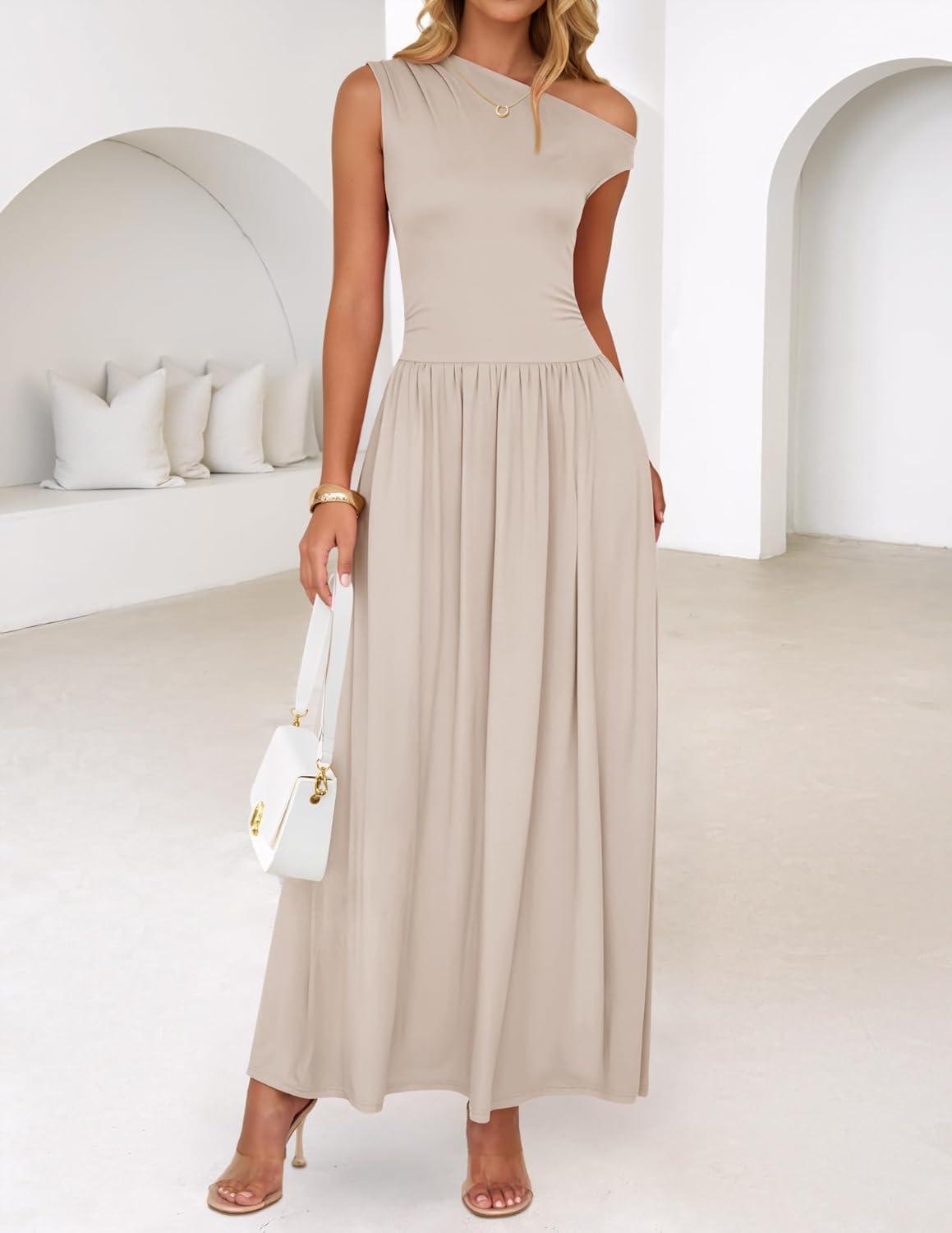 imageZESICA Womens Summer 2026 Sleeveless Maxi Dress One Shoulder Casual Slim Swing Pleated Formal Dresses with PocketsLightapricot