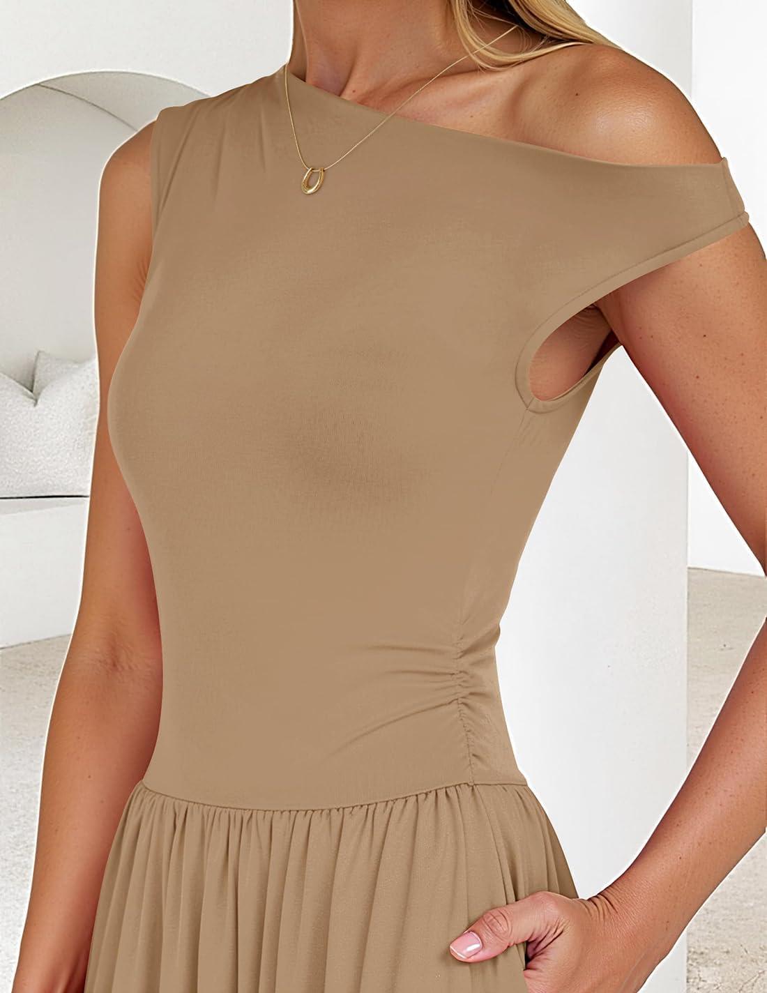 imageZESICA Womens Summer 2026 Sleeveless Maxi Dress One Shoulder Casual Slim Swing Pleated Formal Dresses with PocketsLightkhaki