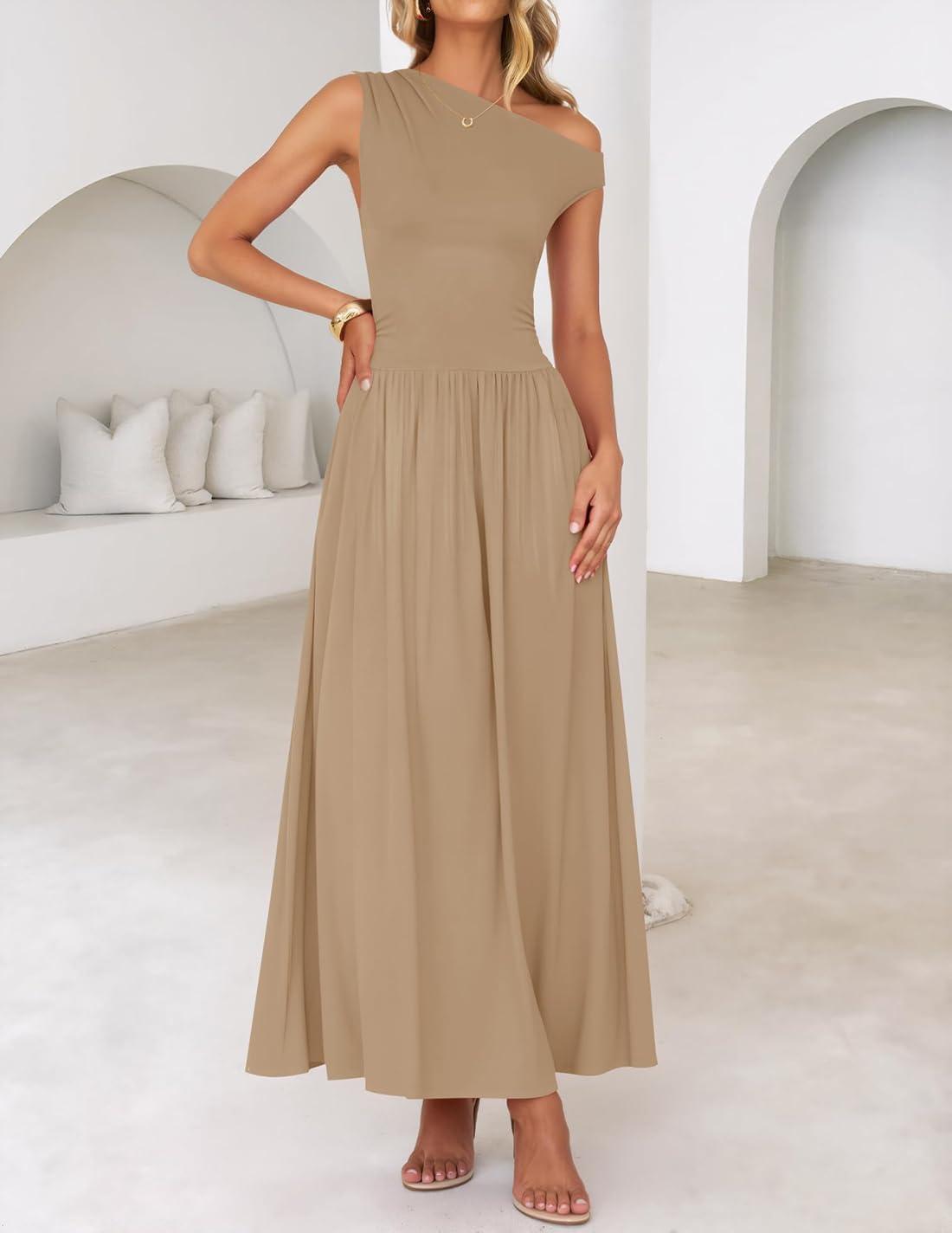 imageZESICA Womens Summer 2026 Sleeveless Maxi Dress One Shoulder Casual Slim Swing Pleated Formal Dresses with PocketsLightkhaki